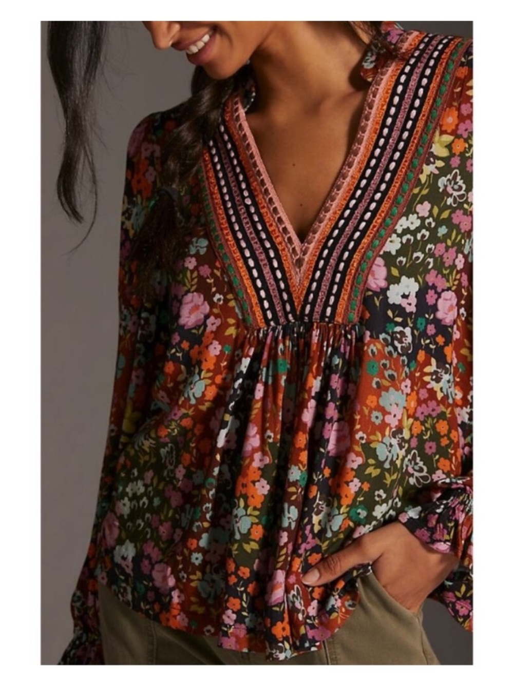 Bl-nk London Anthropologie | Floral V-Neck Blouse - Brown Stephanie | Size M